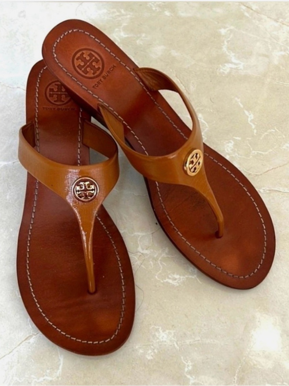 Tory Burch Tan Leather Mini Wedge Sandals